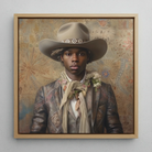 Lysander - Gay Black Cowboy Dandy Framed Canvas, 12x12’’ / 31x31cm / Natural Floating Frame, Framed Painting Young Man Cowboy Hat Floral
