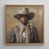 Lysander - Gay Black Cowboy Dandy Framed Canvas, 12x12’’ / 31x31cm / Natural Floating Frame, Framed Painting Young Man Cowboy Hat Floral