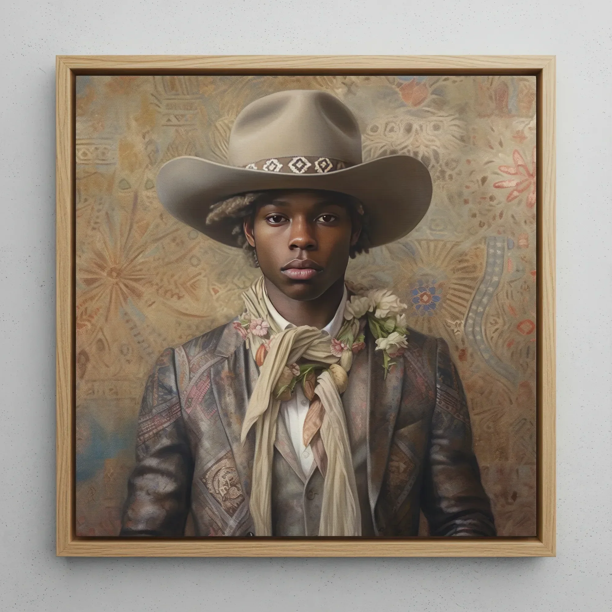 Lysander - Gay Black Cowboy Dandy Framed Canvas, 12x12’’ / 31x31cm / Natural Floating Frame, Framed Painting Young Man Cowboy Hat Floral
