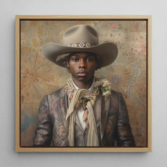 Lysander - Gay Black Cowboy Dandy Framed Canvas, 12x12’’ / 31x31cm / Natural Floating Frame, Framed Painting Young Man Cowboy Hat Floral