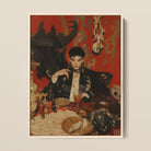 Magnus - Gay Vampire Prince Framed Canvas, 12x16’’ / 31x41cm / Natural Floating Frame, Painting Young Man Dark Hair Black Suit Gold