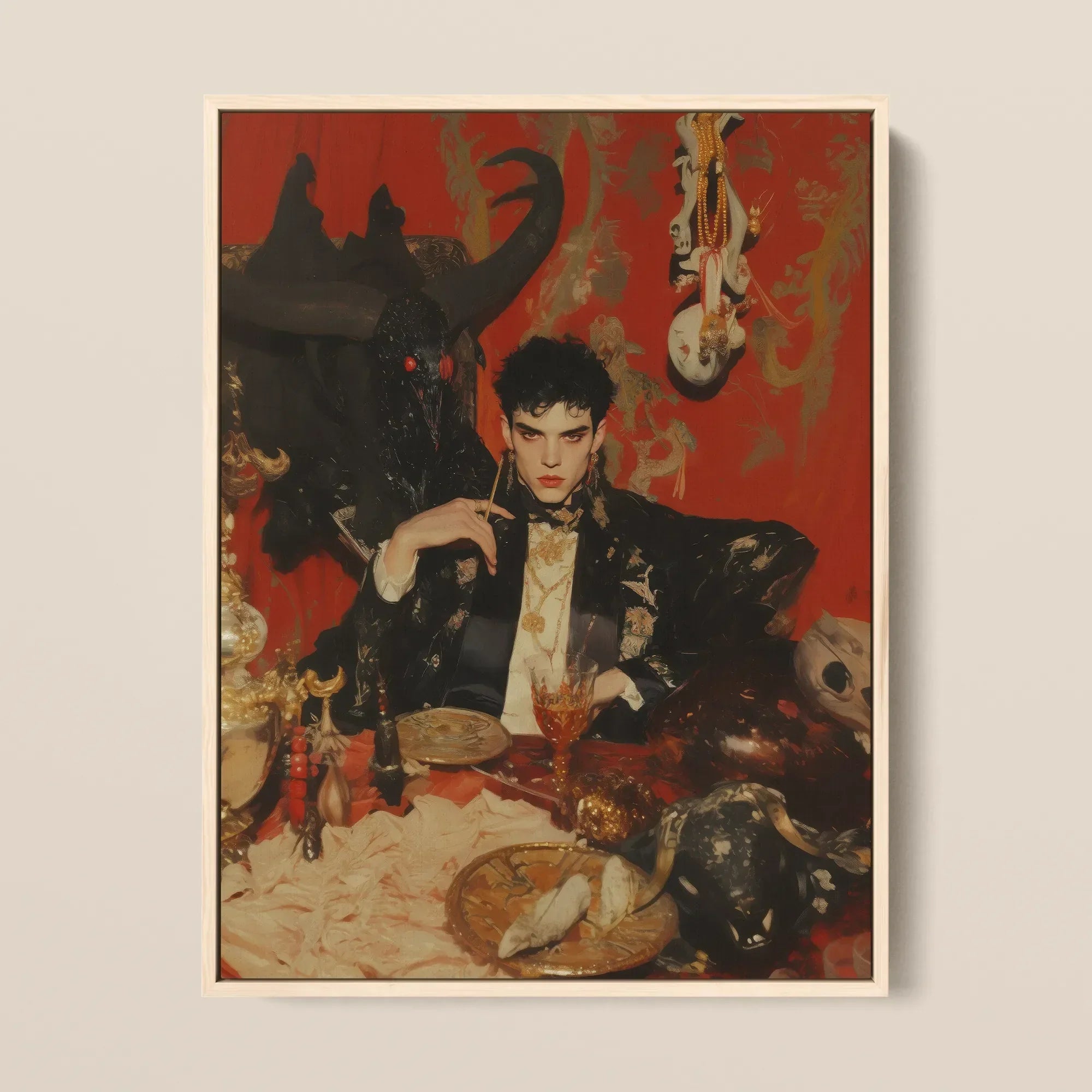 Magnus - Gay Vampire Prince Framed Canvas, 12x16’’ / 31x41cm / Natural Floating Frame, Painting Young Man Dark Hair Black Suit Gold