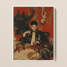 Magnus - Gay Vampire Prince Framed Canvas, 12x16’’ / 31x41cm / White Floating Frame, Framed Painting Dark-haired Figure Black Cloak Seated