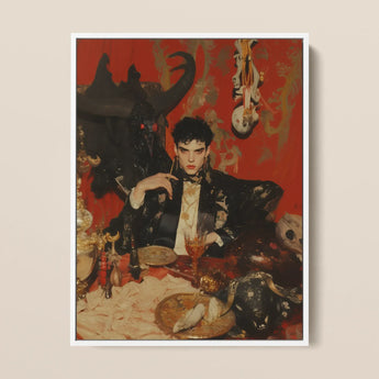 Magnus - Gay Vampire Prince Framed Canvas, 12x16’’ / 31x41cm / White Floating Frame, Framed Painting Dark-haired Figure Black Cloak Seated
