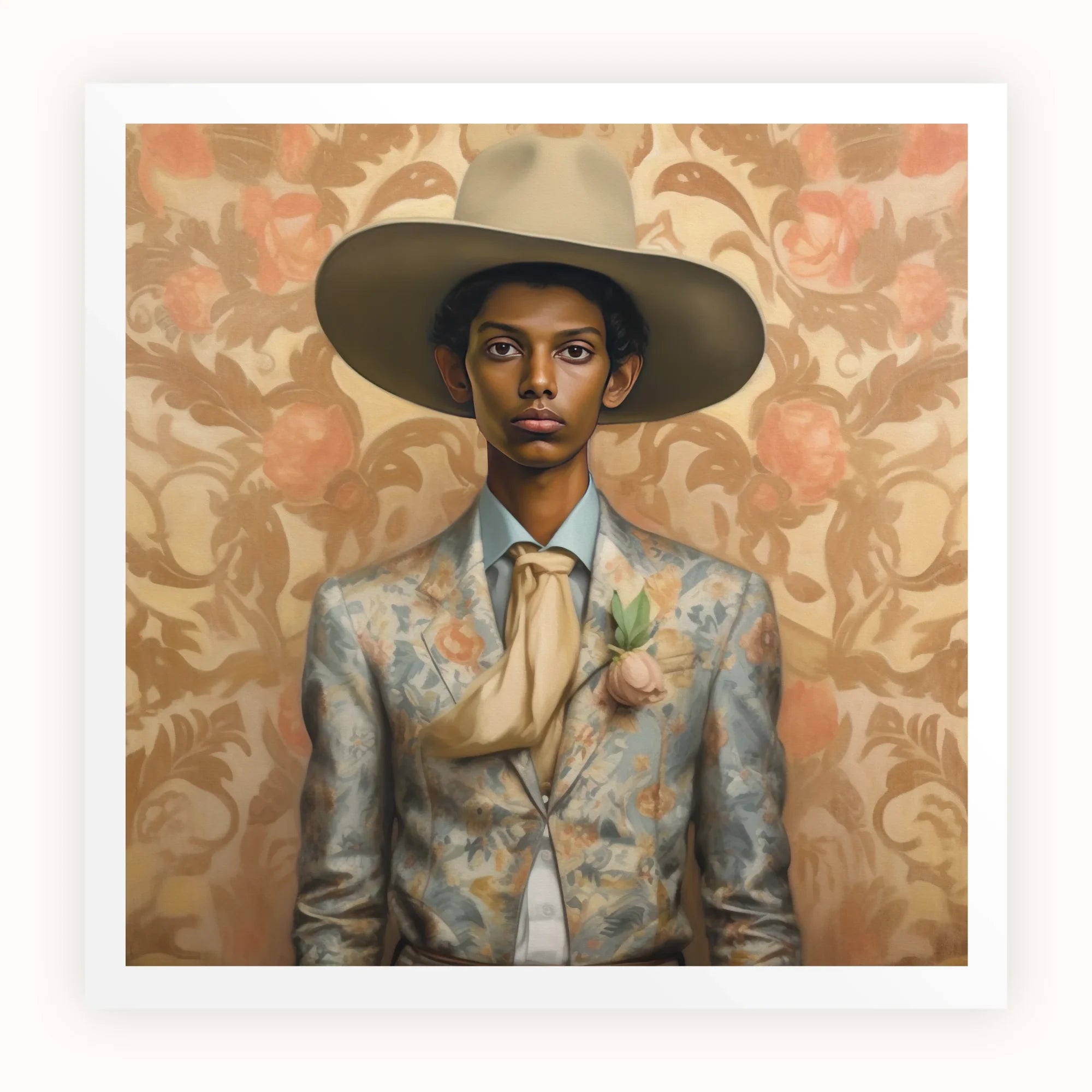 Mallaravan - Tamil Transgender Cowboy Art Print, Portrait Wide-brimmed Hat Floral Suit Jacket Cream-colored Tie