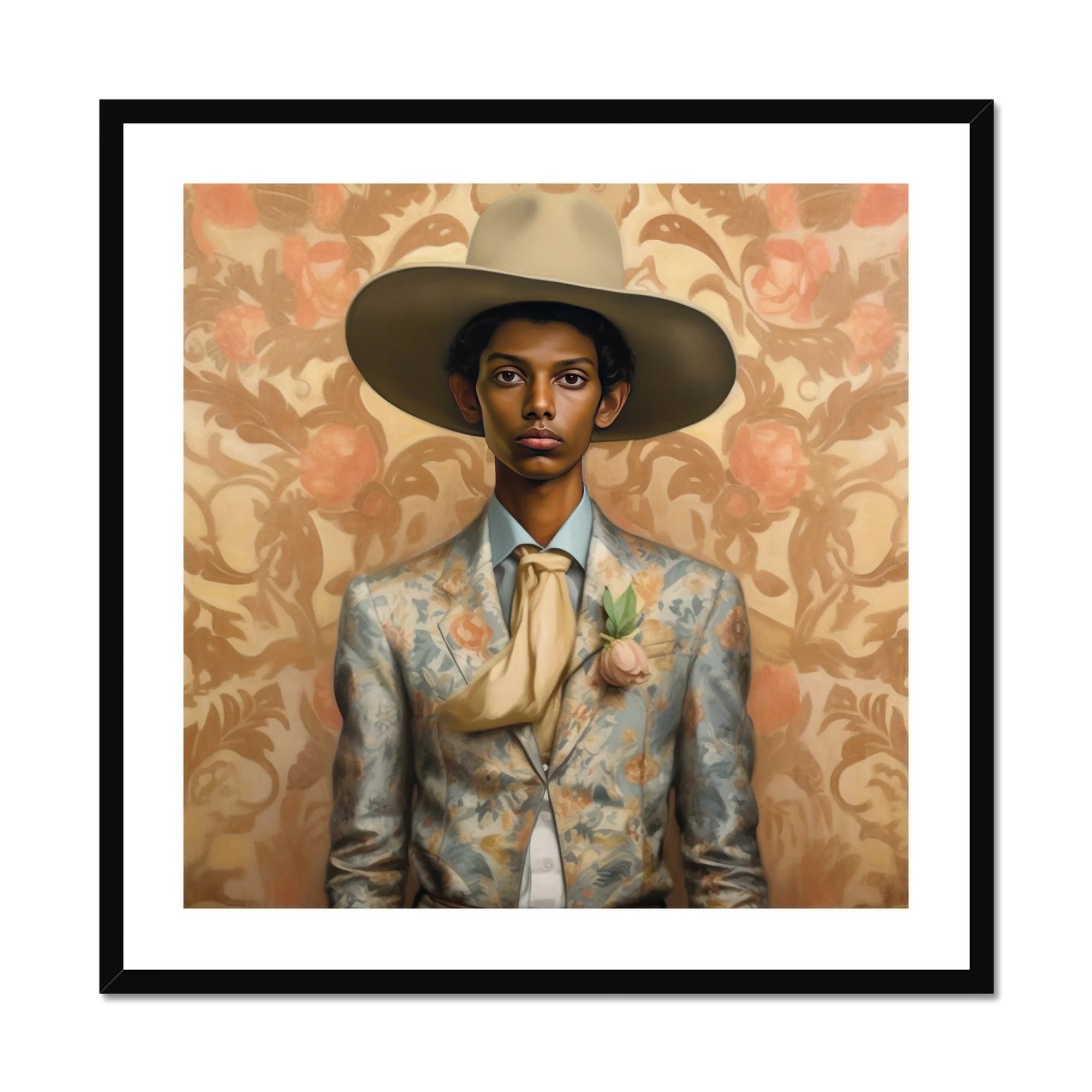 Mallaravan - Tamil Transgender Cowboy Art Print, Framed Portrait Man Hat Floral Suit