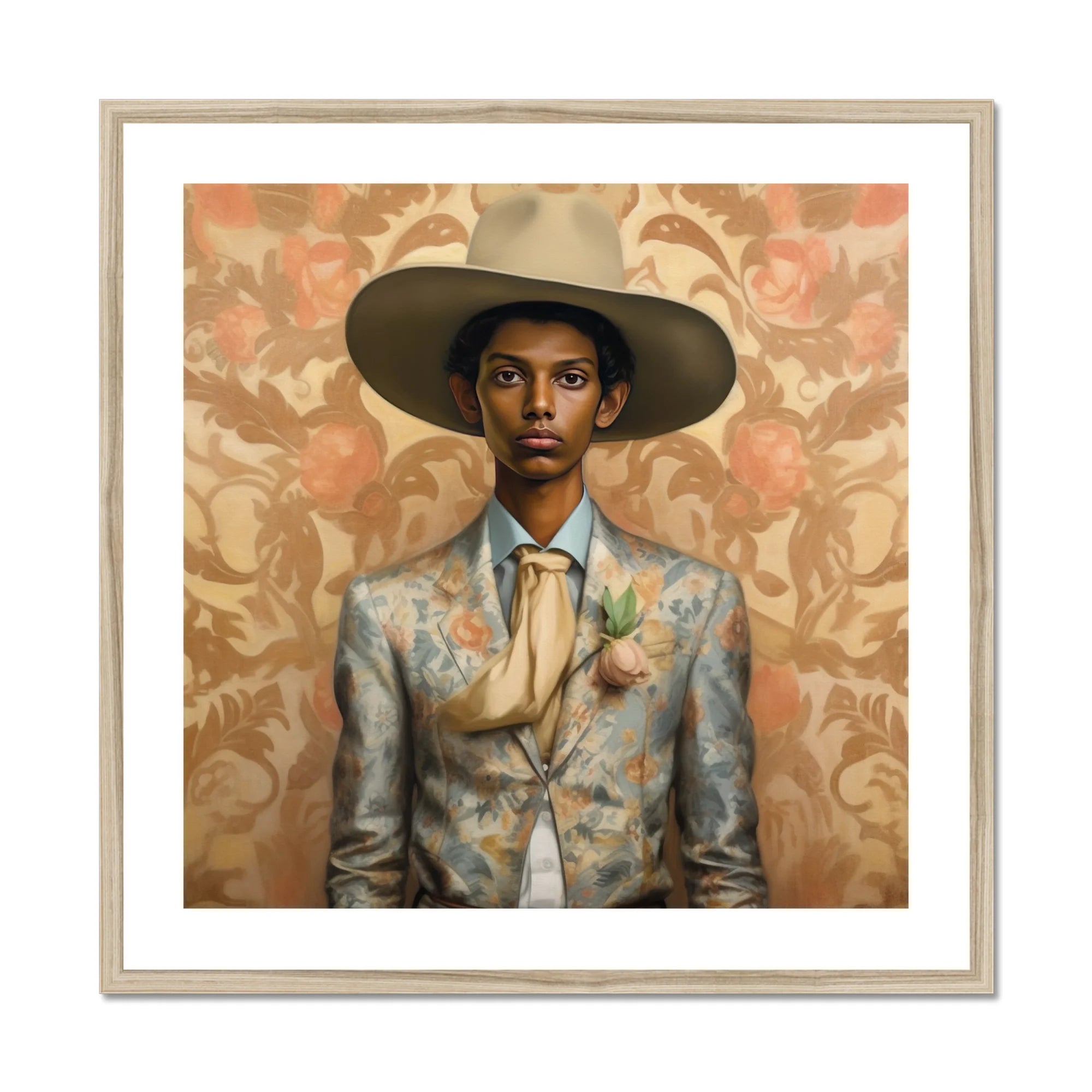 Mallaravan - Tamil Transgender Cowboy Art Print, Framed Portrait Man Hat Floral Suit