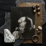 Max After Surfing - Olive Cotton Art Print / Canvas Black-and-white Photographic Shirtless Man Dramatic Lighting Framed Revealing Taut
