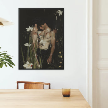 Nature / Nurture - Secret Gay Lovers Framed Canvas, Framed Painting Two Shirtless Men Garden