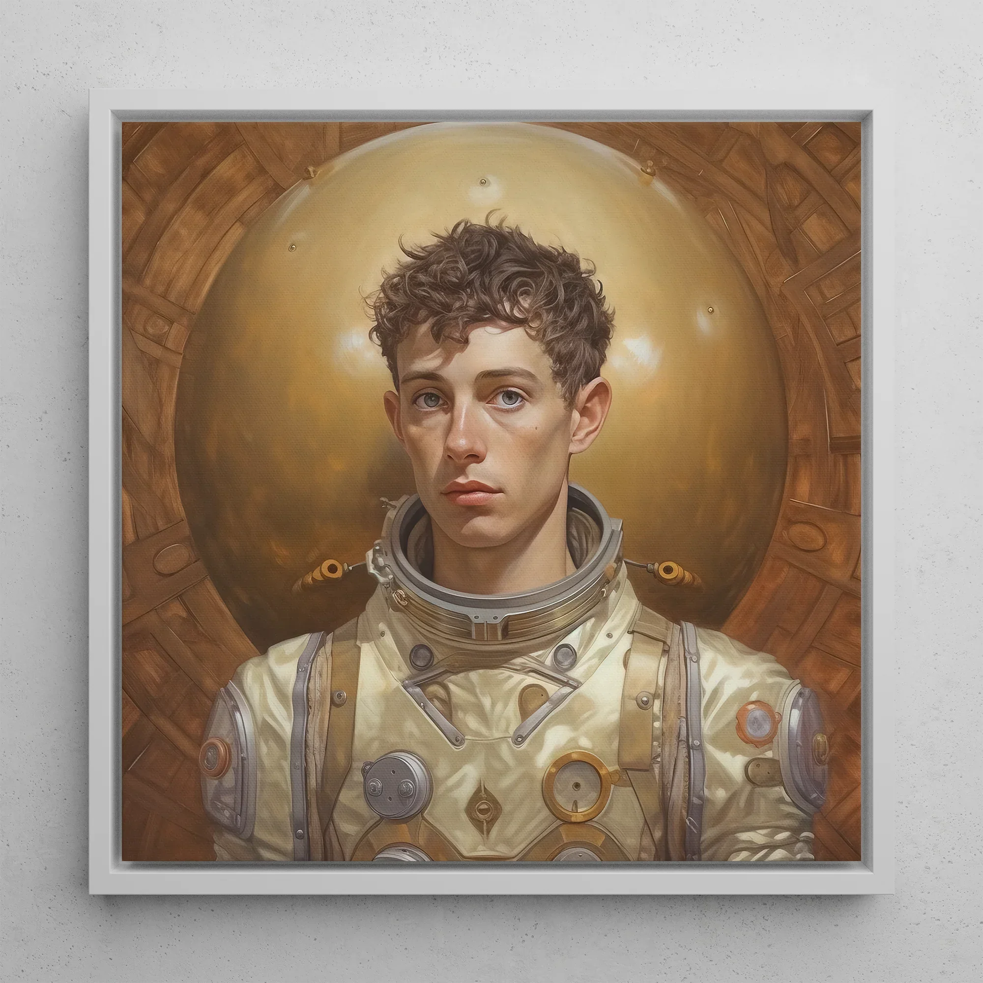 Noah - Handsome Gay Astronaut Art Framed Canvas, 12x12’’ / 31x31cm / White Floating Frame, Framed Portrait Young Astronaut