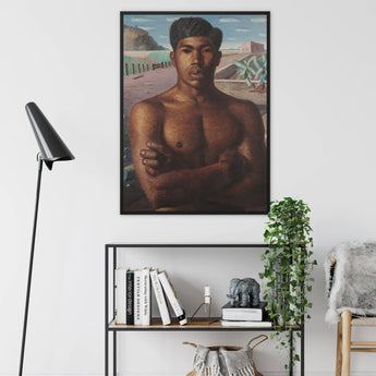 O Mestico - Candido Portinari Brazilian Framed Canvas, Framed Portrait Painting Shirtless Person Desert Landscape Backdrop