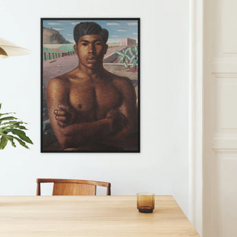 O Mestico - Candido Portinari Brazilian Framed Canvas, Framed Portrait Painting Shirtless Person Desert-like Background