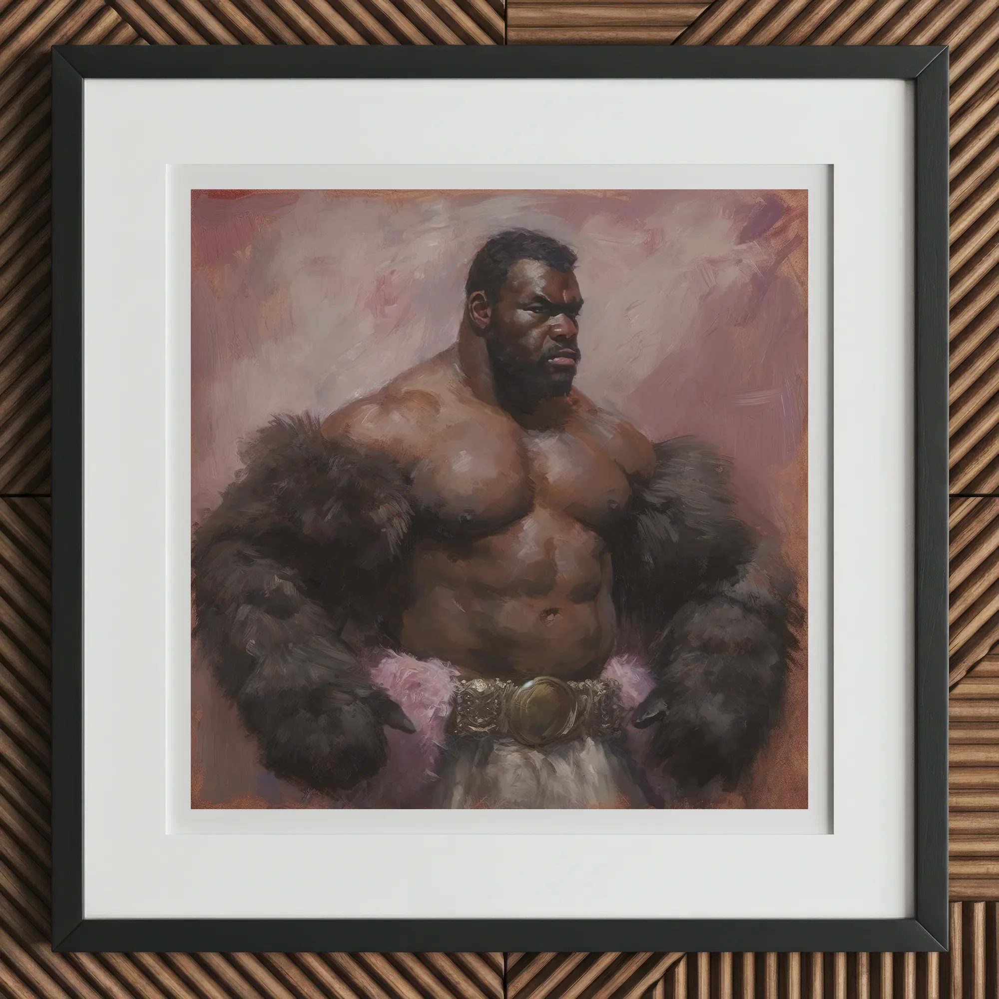 Papa Bear - Gay Muscle Daddy Art Print, 12x12’’ / 31x31cm / Black Frame / 2’’ Matboard, Framed Painting Muscular Dark-skinned Man Dark