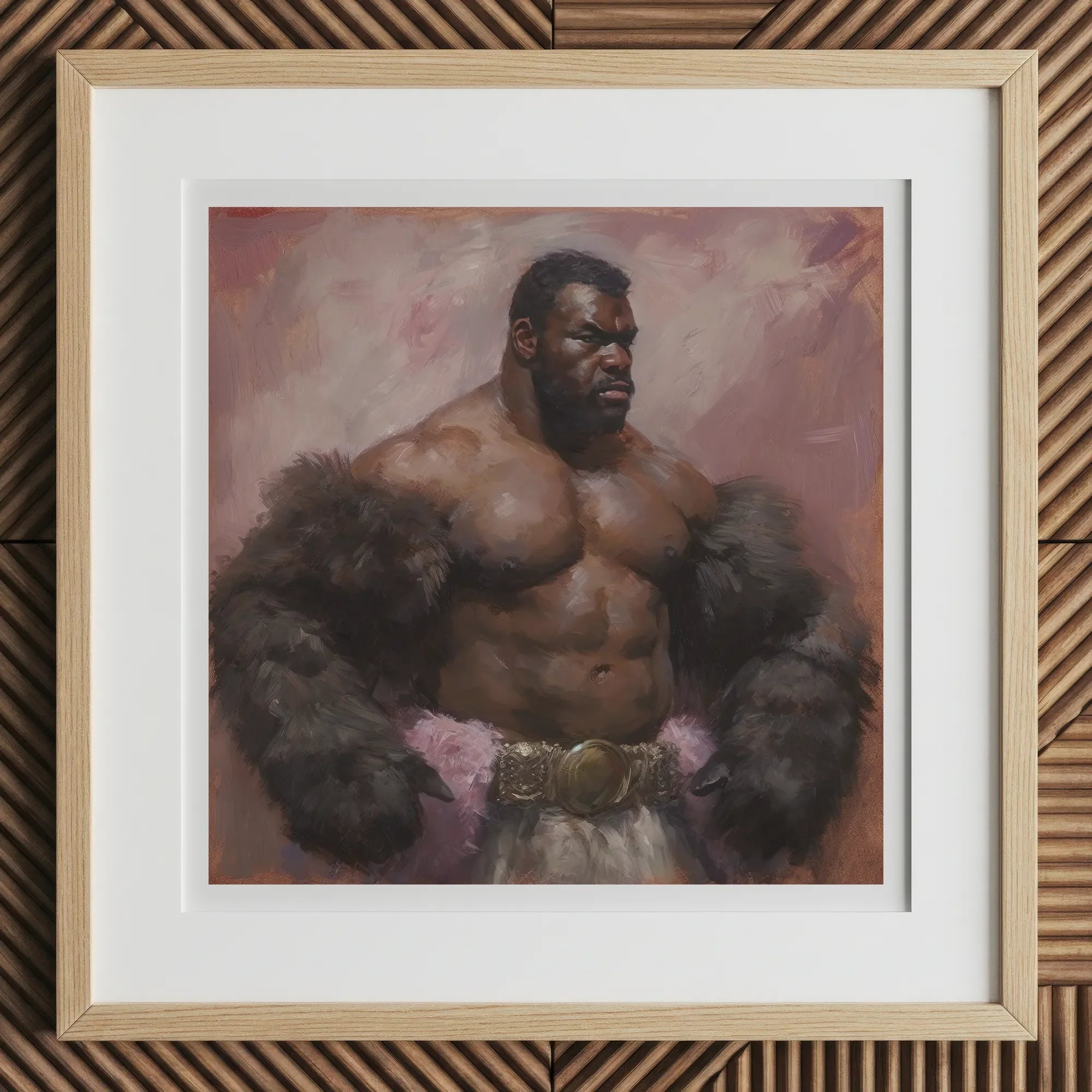 Papa Bear - Gay Muscle Daddy Art Print, 12x12’’ / 31x31cm / Natural Frame / 2’’ Matboard, Framed Painting Muscular Man Furred Shoulders Belt