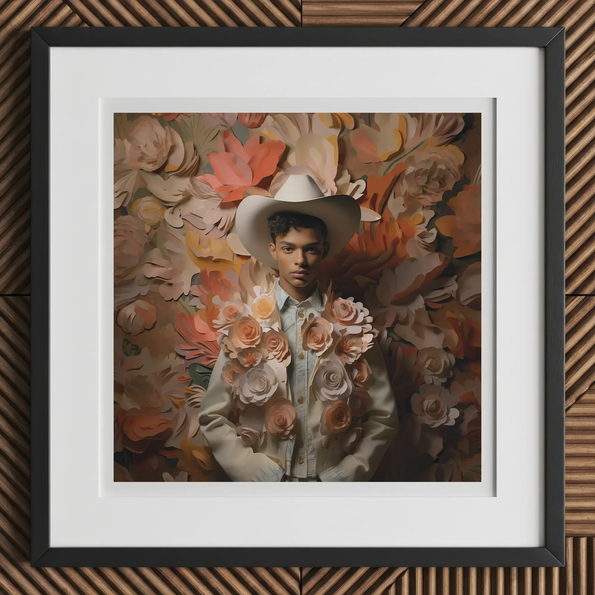 Pascal - Black Gay Femboy Cowboy Art Print, 12x12’’ / 31x31cm / Frame / 2’’ Matboard, Framed Artistic Portrait Person Cowboy Hat Jacket