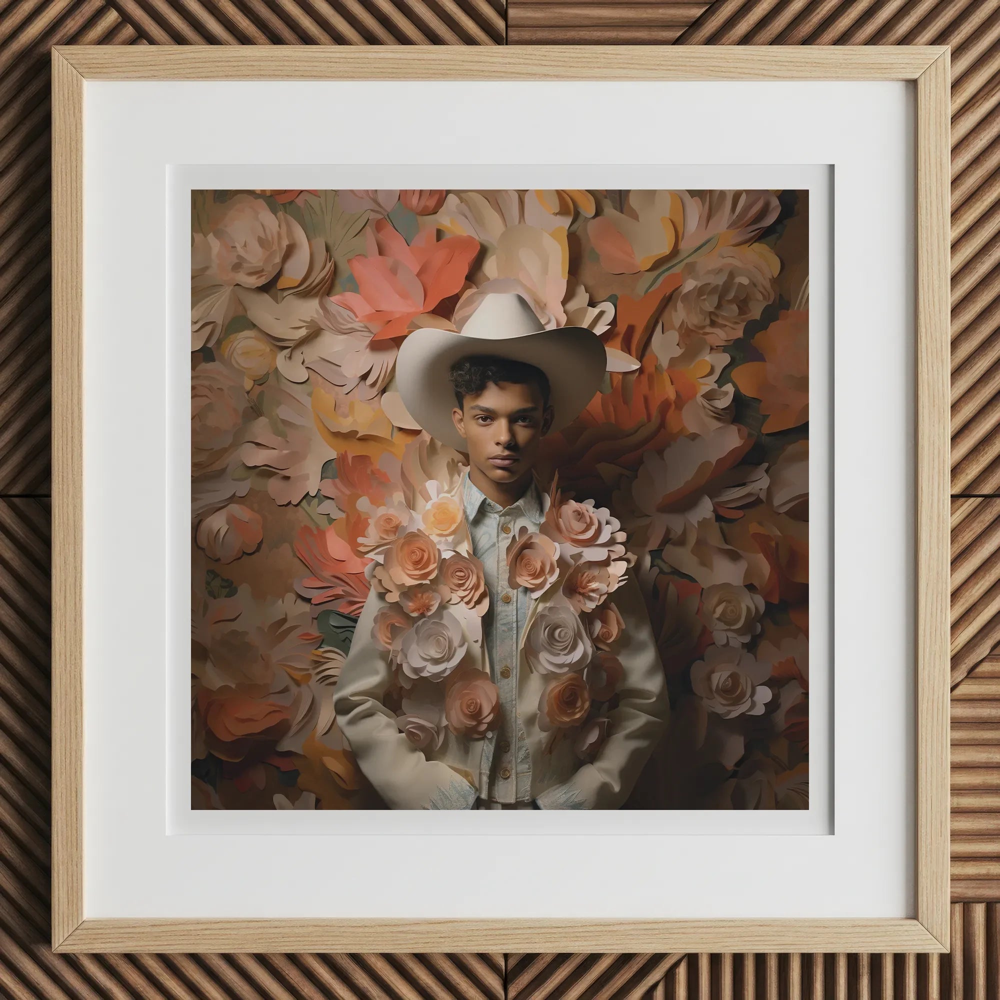 Pascal - Black Gay Femboy Cowboy Art Print, 12x12’’ / 31x31cm / Natural Frame / 2’’ Matboard, Framed Artwork Person Cowboy Hat