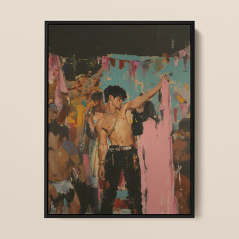 Pin-up - Queer Rajasthani After Party Framed Canvas, 12x16’’ / 31x41cm / Black Floating Frame, Framed Painting Shirtless Man Crowd