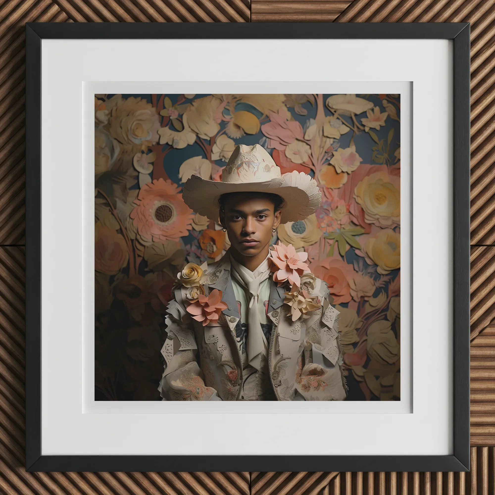 Presley - Gay Black Twunk Cowboy Art Print, 12x12’’ / 31x31cm / Frame / 2’’ Matboard, Framed Portrait Young Man Cowboy Hat Floral-decorated