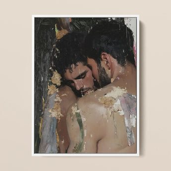 Pressed - Erotic Gay Lovers Framed Canvas, 12x16’’ / 31x41cm / White Floating Frame, Oil Painting Two Men