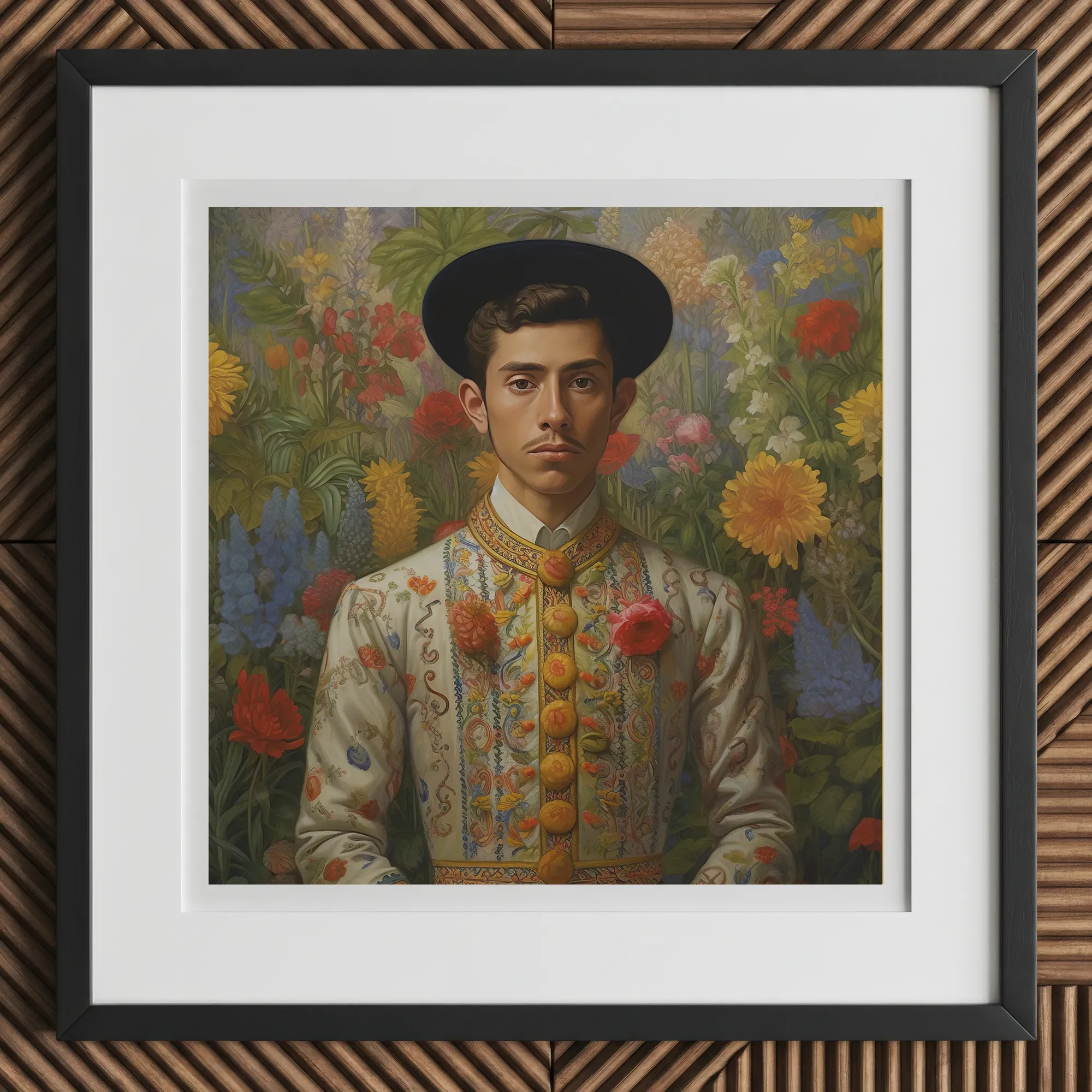 Prince Bernardino - Gay Mexican Royalty Art Print, 12x12’’ / 31x31cm / Black Frame / 2’’ Matboard, Framed Portrait Man Ornate Embroidered