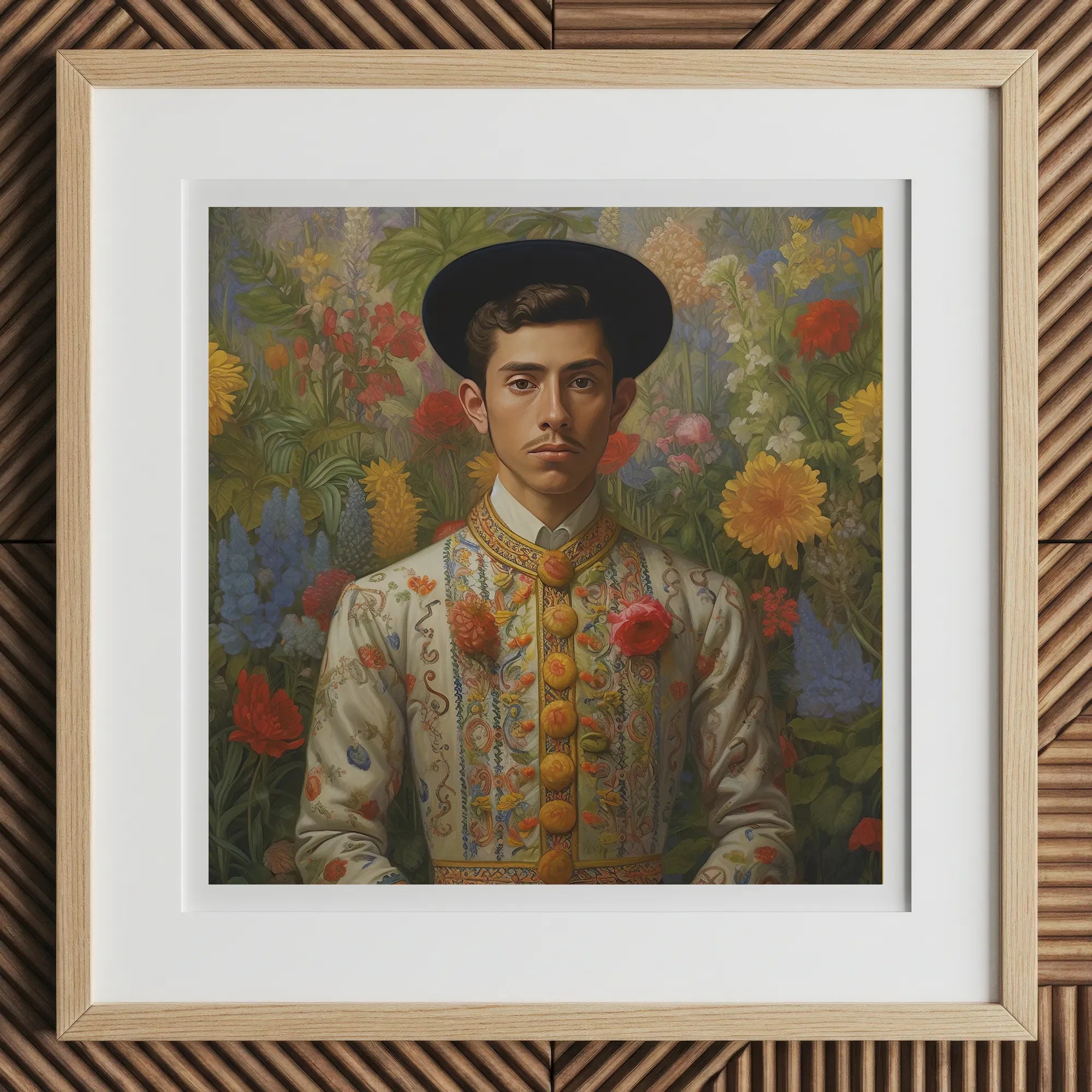 Prince Bernardino - Gay Mexican Royalty Art Print, 12x12’’ / 31x31cm / Natural Frame / 2’’ Matboard, Framed Painting Man Ornate Floral