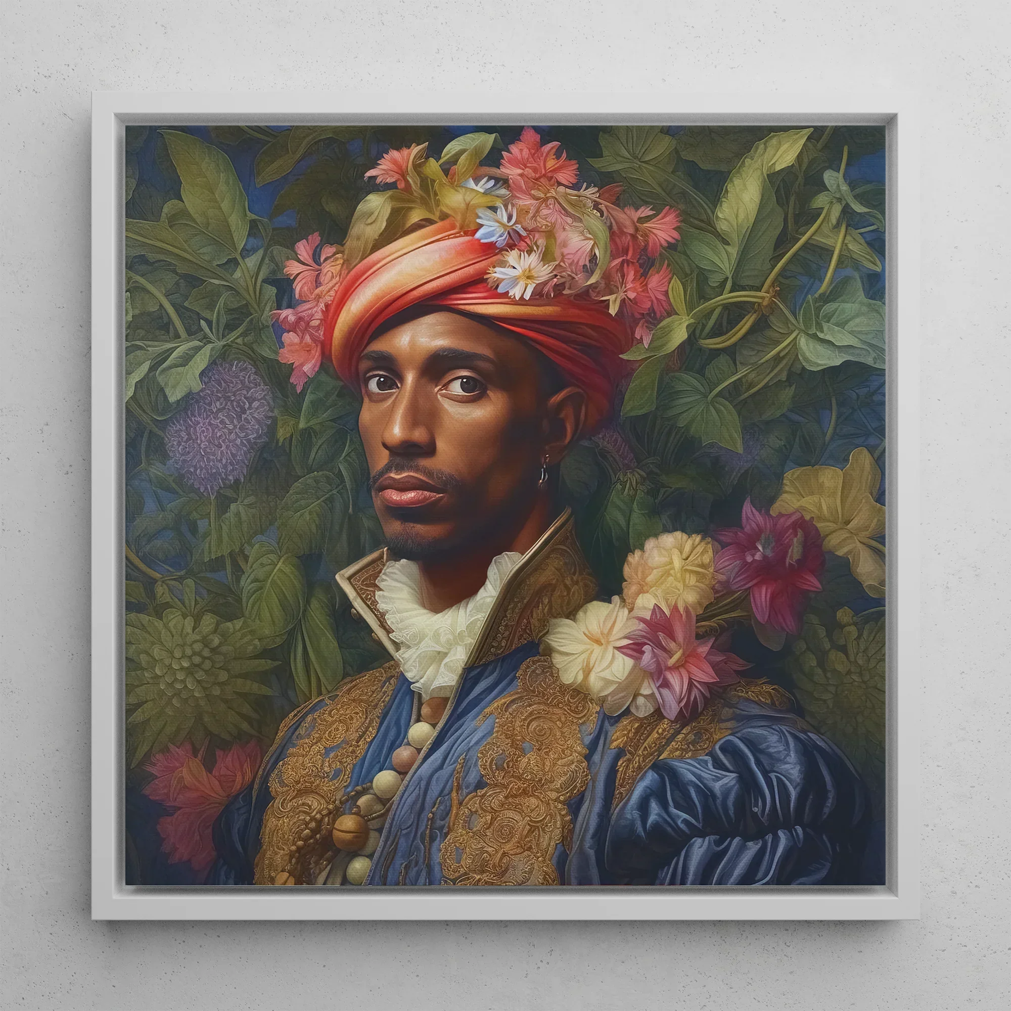 Prince Isaiah - Gay Black Royalty Art Framed Canvas, 12x12’’ / 31x31cm / White Floating Frame, Framed Canvas Painting Man Turban Ornate