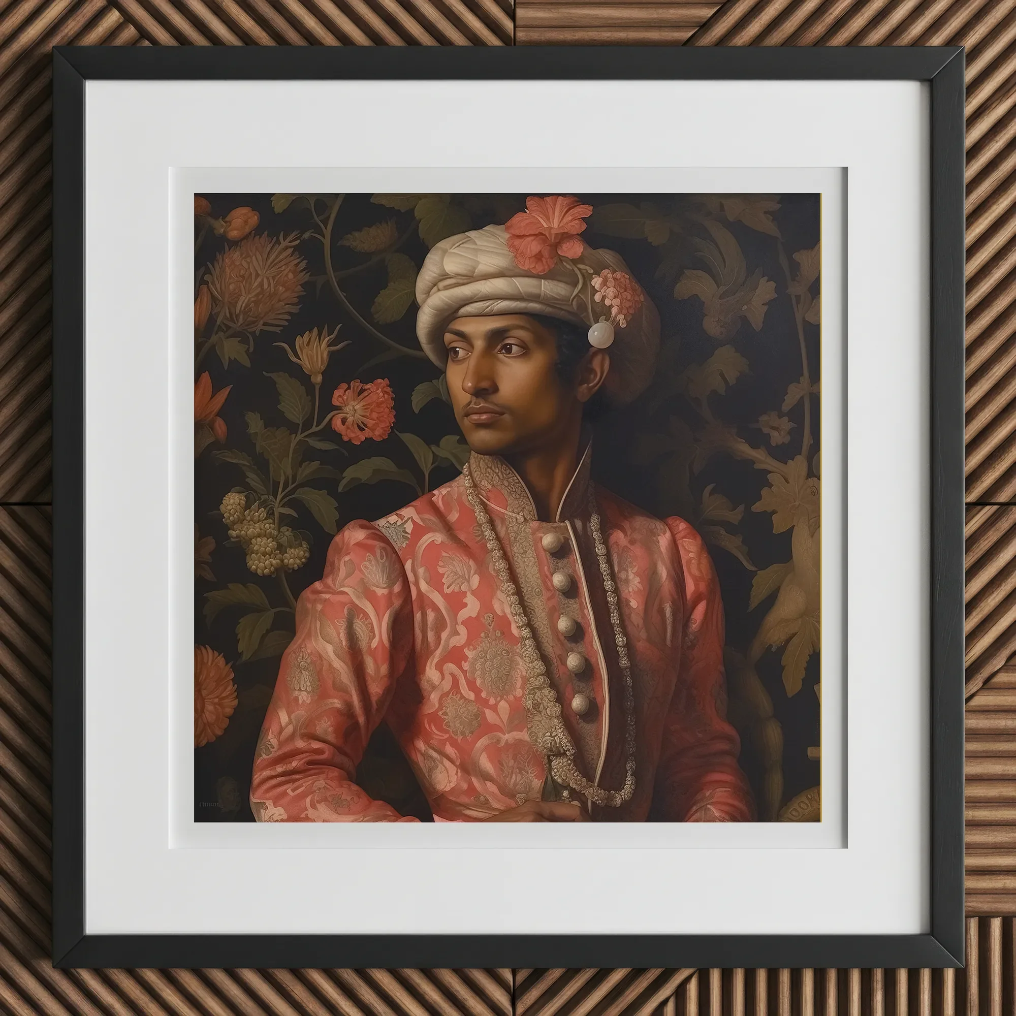 Prince Kaniyan - Tamil Gay Royalty Baroque Art Print, 12x12’’ / 31x31cm / Black Frame / 2’’ Matboard, Framed Painting Man Traditional Attire