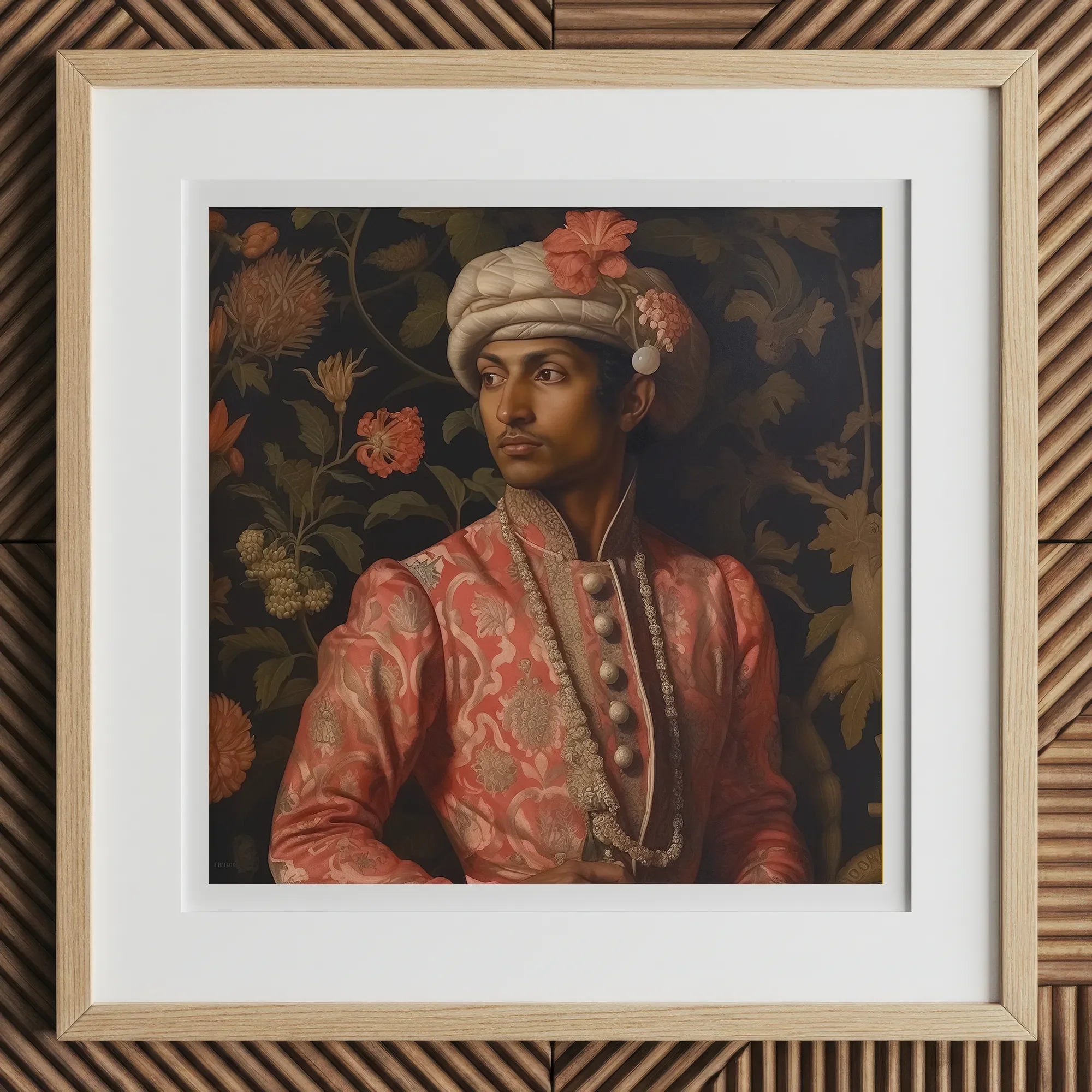 Prince Kaniyan - Tamil Gay Royalty Baroque Art Print, 12x12’’ / 31x31cm / Natural Frame / 2’’ Matboard, Framed Painting Man Traditional