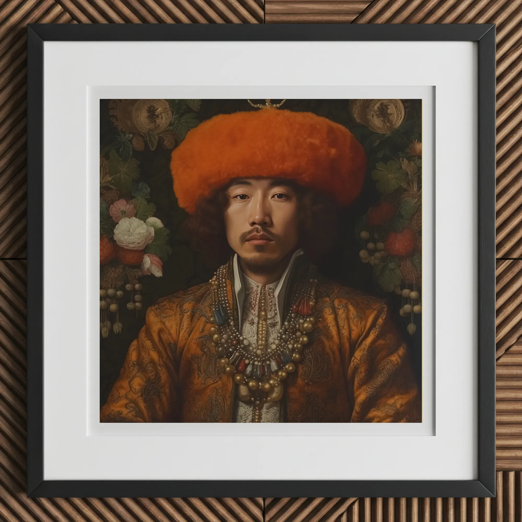 Prince Khaliun - Gay Mongolian Royalty Baroque Art Print, 12x12’’ / 31x31cm / Black Frame / 2’’ Matboard, Framed Portrait East Asian Man