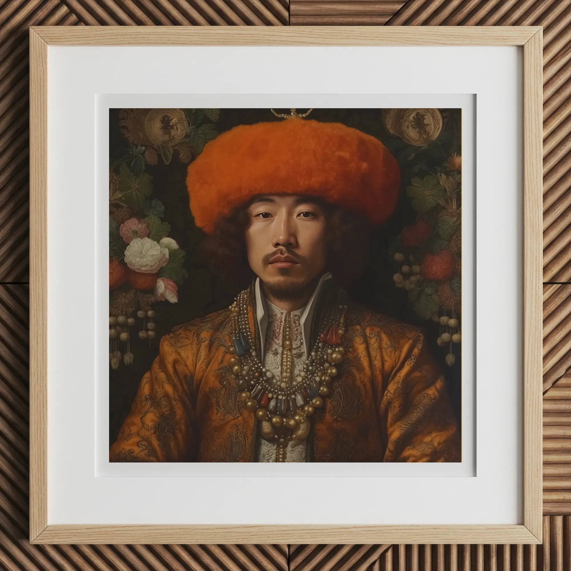 Prince Khaliun - Gay Mongolian Royalty Baroque Art Print, 12x12’’ / 31x31cm / Natural Frame / 2’’ Matboard, Framed Portrait Painting Man