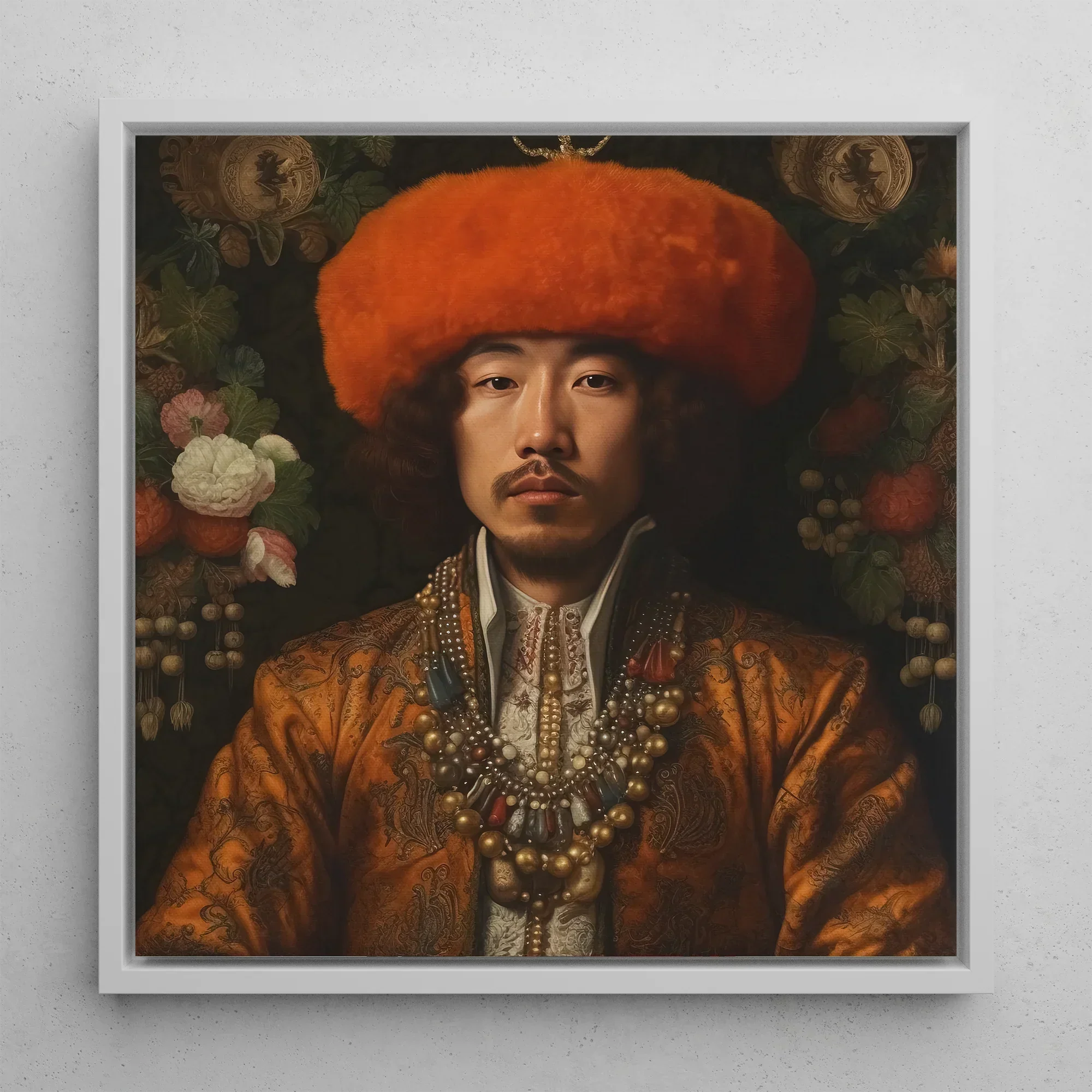 Prince Khaliun - Mongolian Gay Royalty Art Framed Canvas, 12x12’’ / 31x31cm / White Floating Frame, Framed Portrait Painting Man Orange Hat