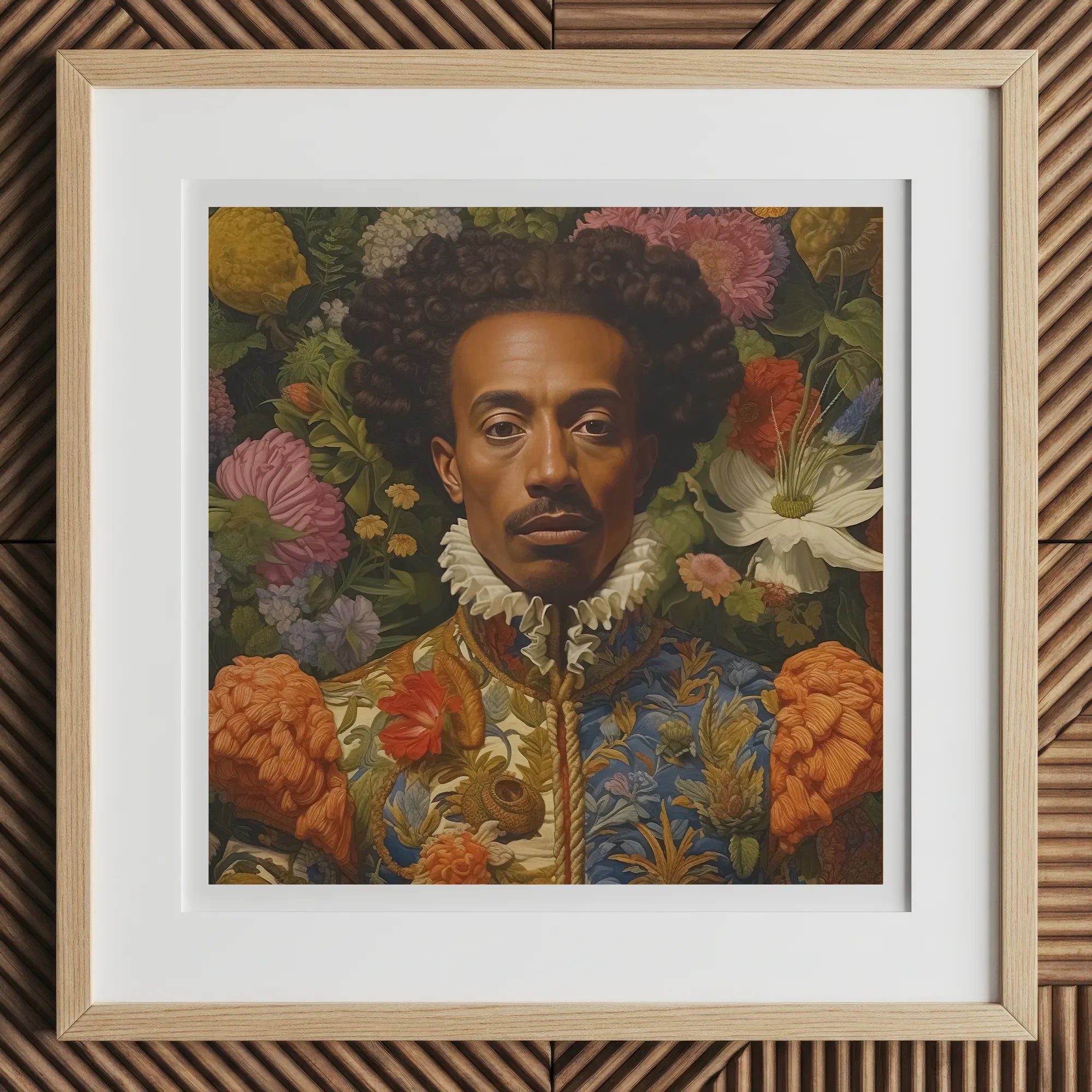 Prince Wesley - Afroamerican Gay Royalty Baroque Art Print, 12x12’’ / 31x31cm / Natural Frame / 2’’ Matboard, Framed Portrait Man Curly