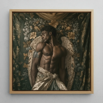 Raziel - Gay Black Angel Art Framed Canvas, 12x12’’ / 31x31cm / Natural Floating Frame, Framed Painting Shirtless Winged Man