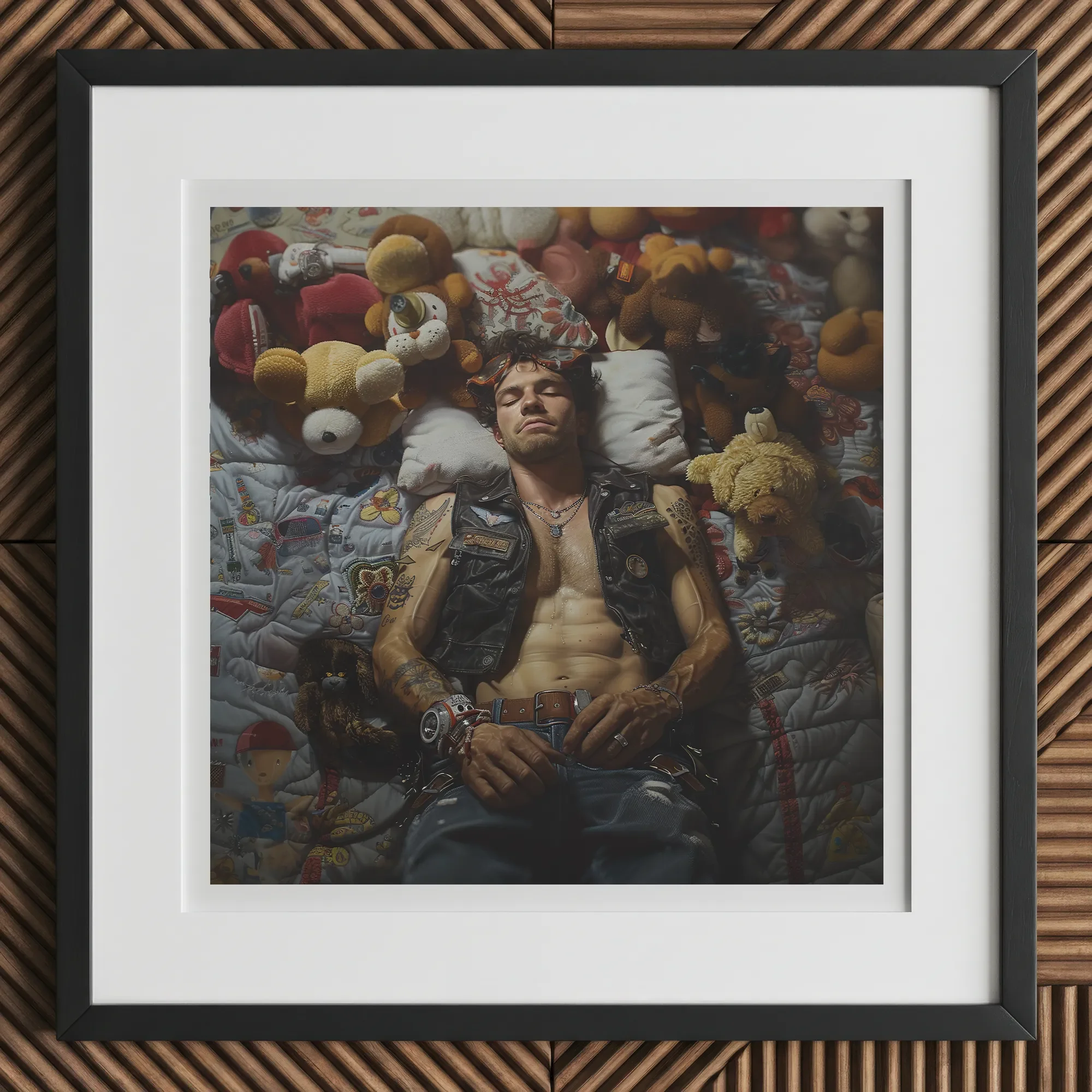 Sacked - Lowbrow Homoerotic Gay Biker Art Print, 12x12’’ / 31x31cm / Black Frame / 2’’ Matboard, Framed Artwork Man Biker Vest Surrounded
