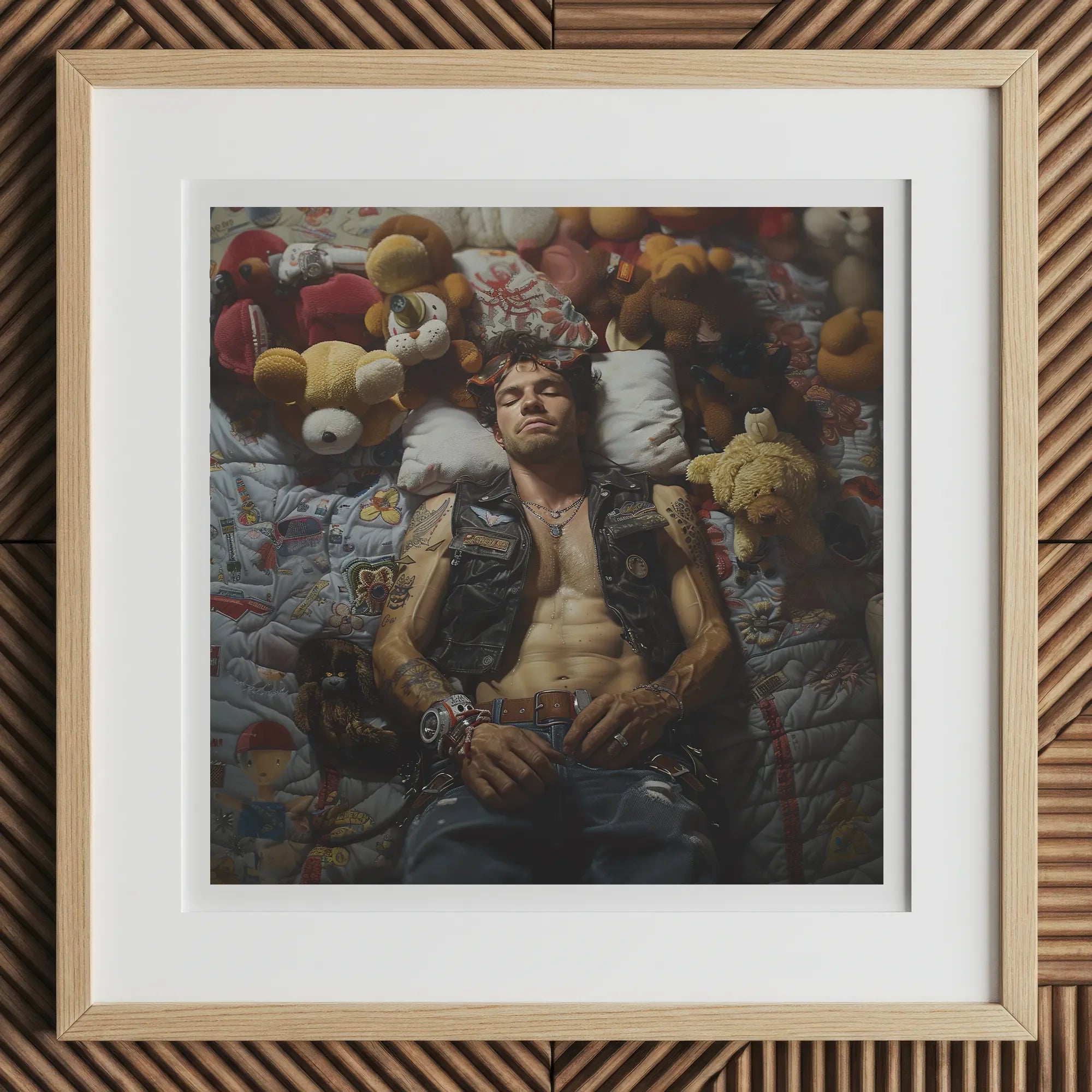 Sacked - Lowbrow Homoerotic Gay Biker Art Print, 12x12’’ / 31x31cm / Natural Frame / 2’’ Matboard, Framed Photograph Man Surrounded Stuffed