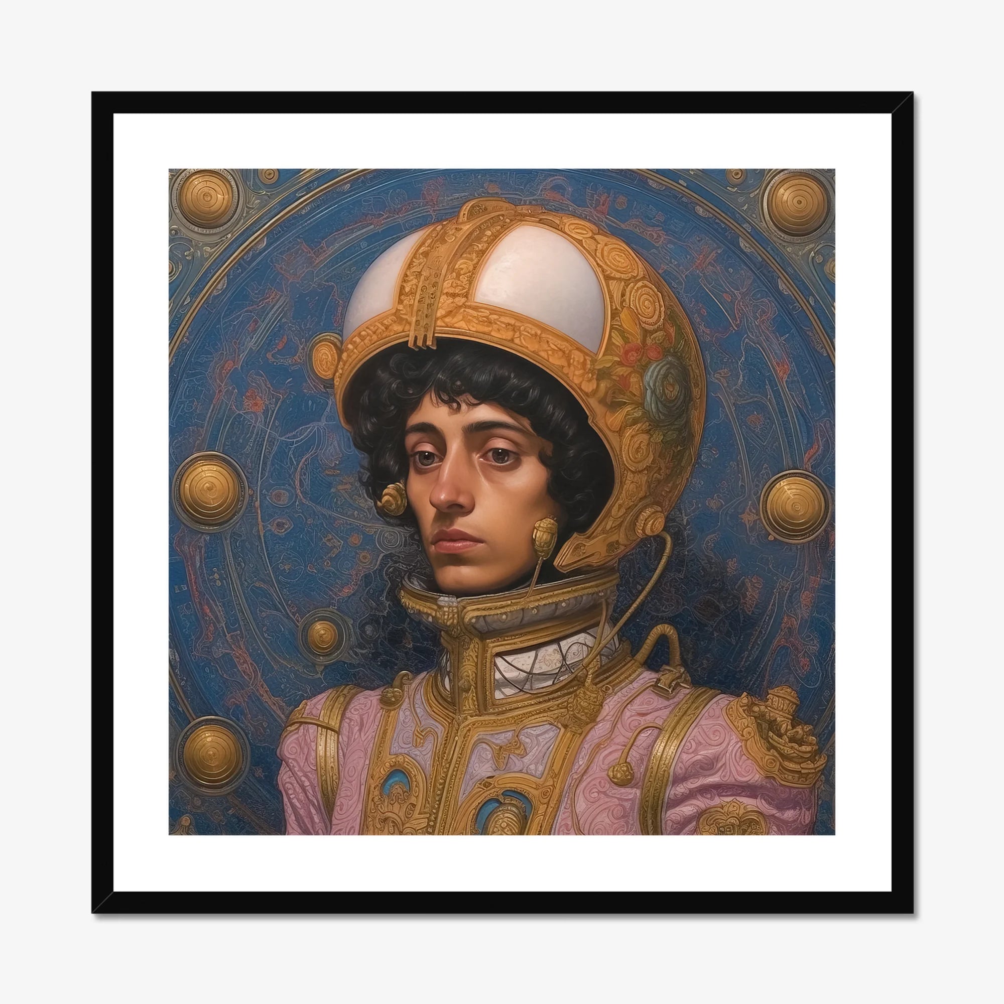 Samir - Gay Muslim Astronaut Art Print, Framed Portrait Person Ornate Space Helmet