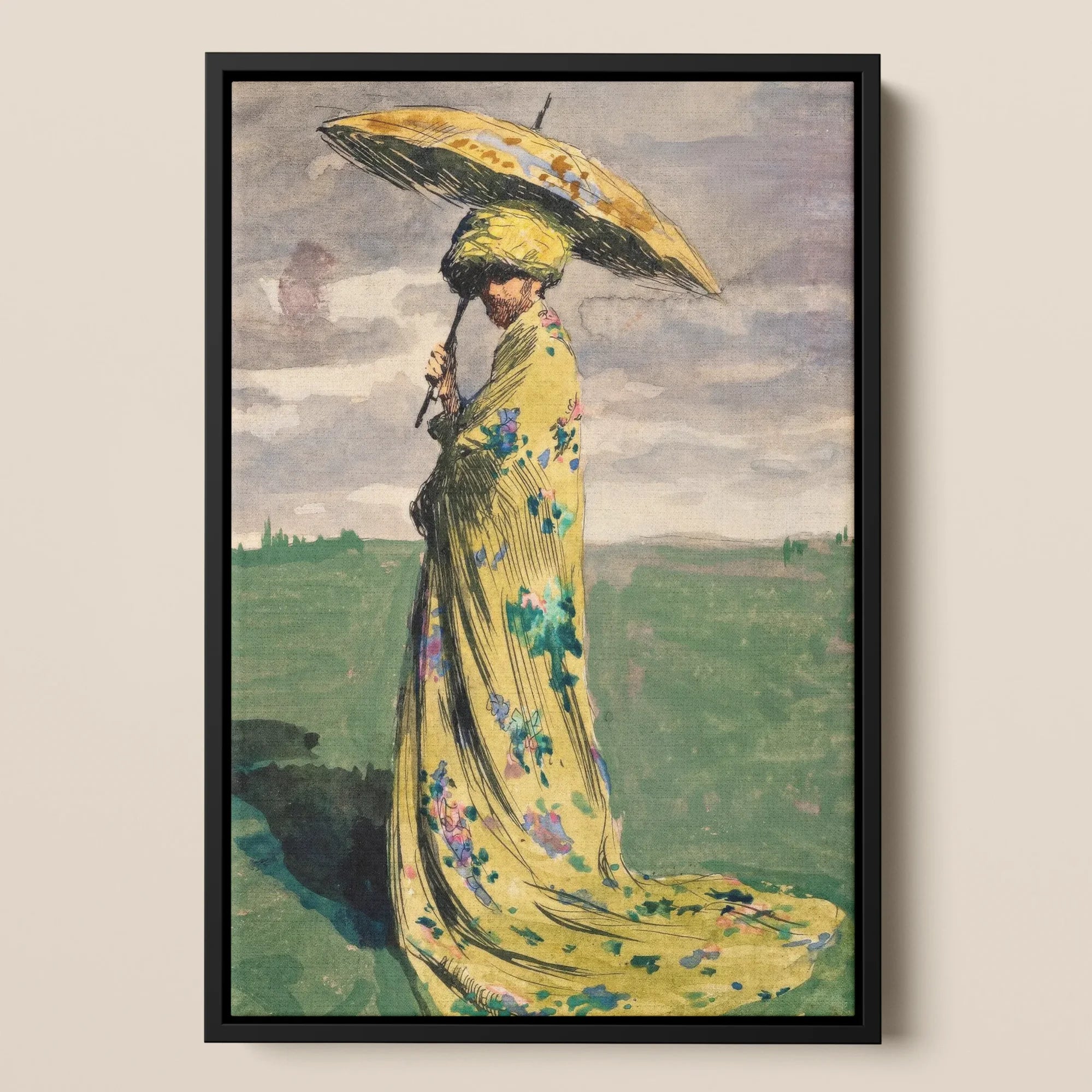 Self Caricature with Parasol Max švabinský Framed Canvas, Painting Woman Yellow Floral Dress Parasol