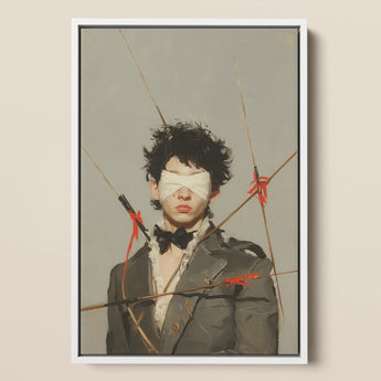 Spearhead - Dapper Gay Outlaw Framed Canvas, 12x18’’ / 31x46cm / White Floating Frame, Framed Painting Blindfolded Person Arrows