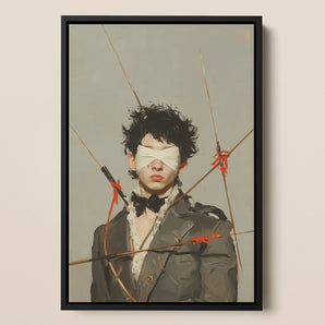 Spearhead - Dapper Gay Outlaw Framed Canvas, 12x18’’ / 31x46cm / Black Floating Frame, Framed Painting Blindfolded Figure Pierced Arrows