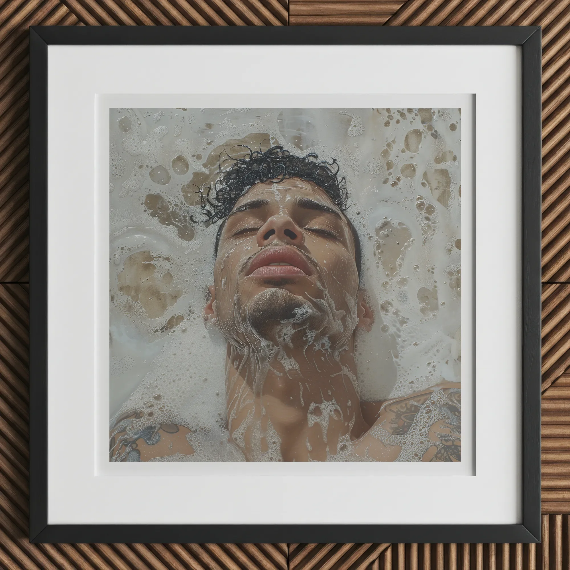 Squeaky Clean - Subtle Gay Male Pleasure Art Print, 12x12’’ / 31x31cm / Black Frame / 2’’ Matboard, Framed Print Man Bubble Bath