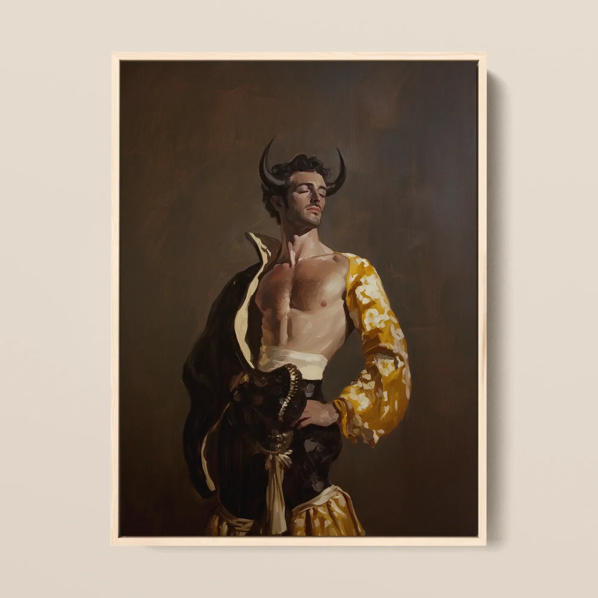 Swish Pricks - Gay Matador Fashionista Framed Canvas, 12x16’’ / 31x41cm / Natural Floating Frame, Framed Painting Bare-chested Man Bull