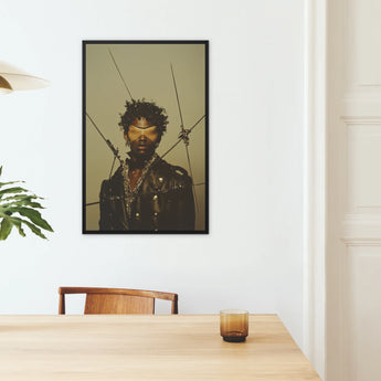 On Target Gay Black Leather Biker Framed Canvas, Framed Portrait Man Covered Eyes