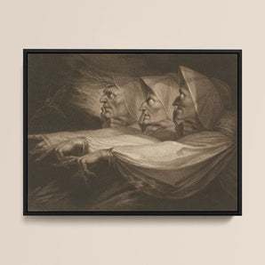 The Weird Sisters - After Henry Fuseli Framed Canvas, 16x12’’ / 41x31cm / Black Floating Frame, Black Framed Sepia-toned Three Hooded