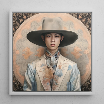 Thuanthong - Thai Transgender Cowboy Framed Canvas, 12x12’’ / 31x31cm / White Floating Frame, Framed Portrait Person Wide-brimmed Hat