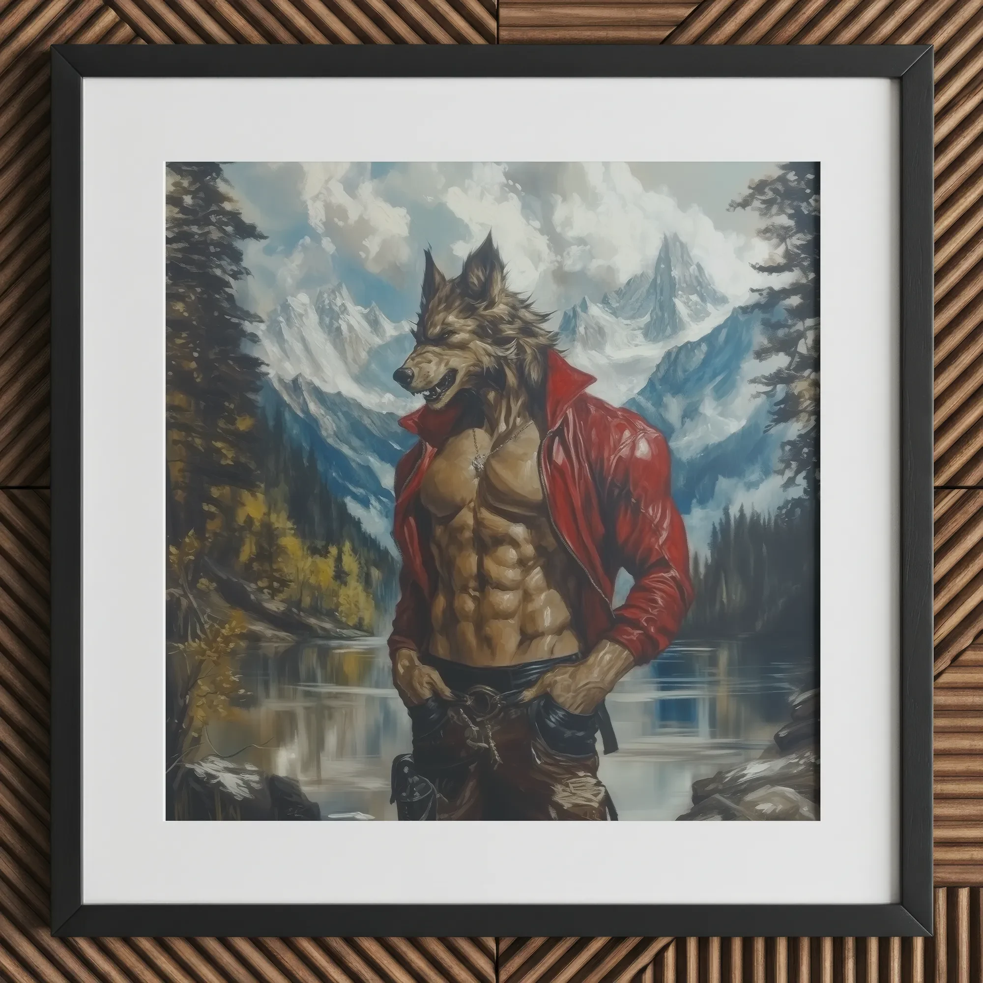 Wolfgang - Gay Wolf Art Print, 12x12’’ / 31x31cm / Black Frame / 2’’ Matboard, Framed Painting Muscular Werewolf Red Jacket Lake Mountains
