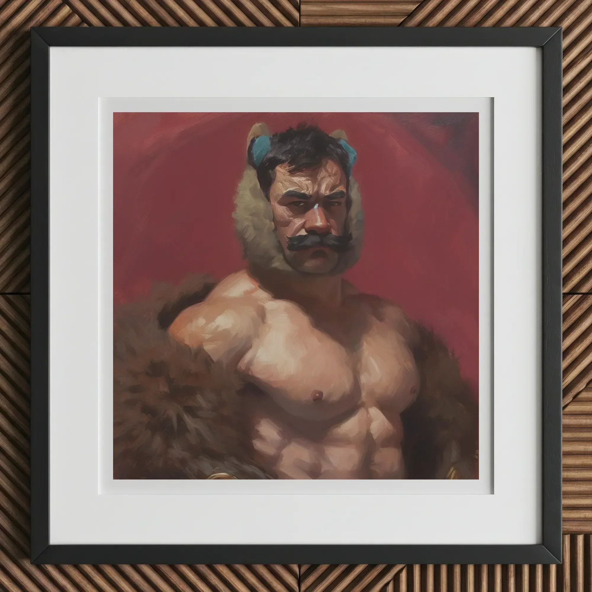 Zaddy Bear - Gay Muscle Daddy Art Print, 12x12’’ / 31x31cm / Black Frame / 2’’ Matboard, Framed Oil Painting Muscular Man Mustache Fur