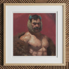 Zaddy Bear - Gay Muscle Daddy Art Print, 12x12’’ / 31x31cm / Natural Frame / 2’’ Matboard, Framed Painting Muscular Man Mustache Fur Collar