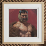Zaddy Bear - Gay Muscle Daddy Art Print, 12x12’’ / 31x31cm / Natural Frame / 2’’ Matboard, Framed Painting Muscular Man Mustache Fur Collar