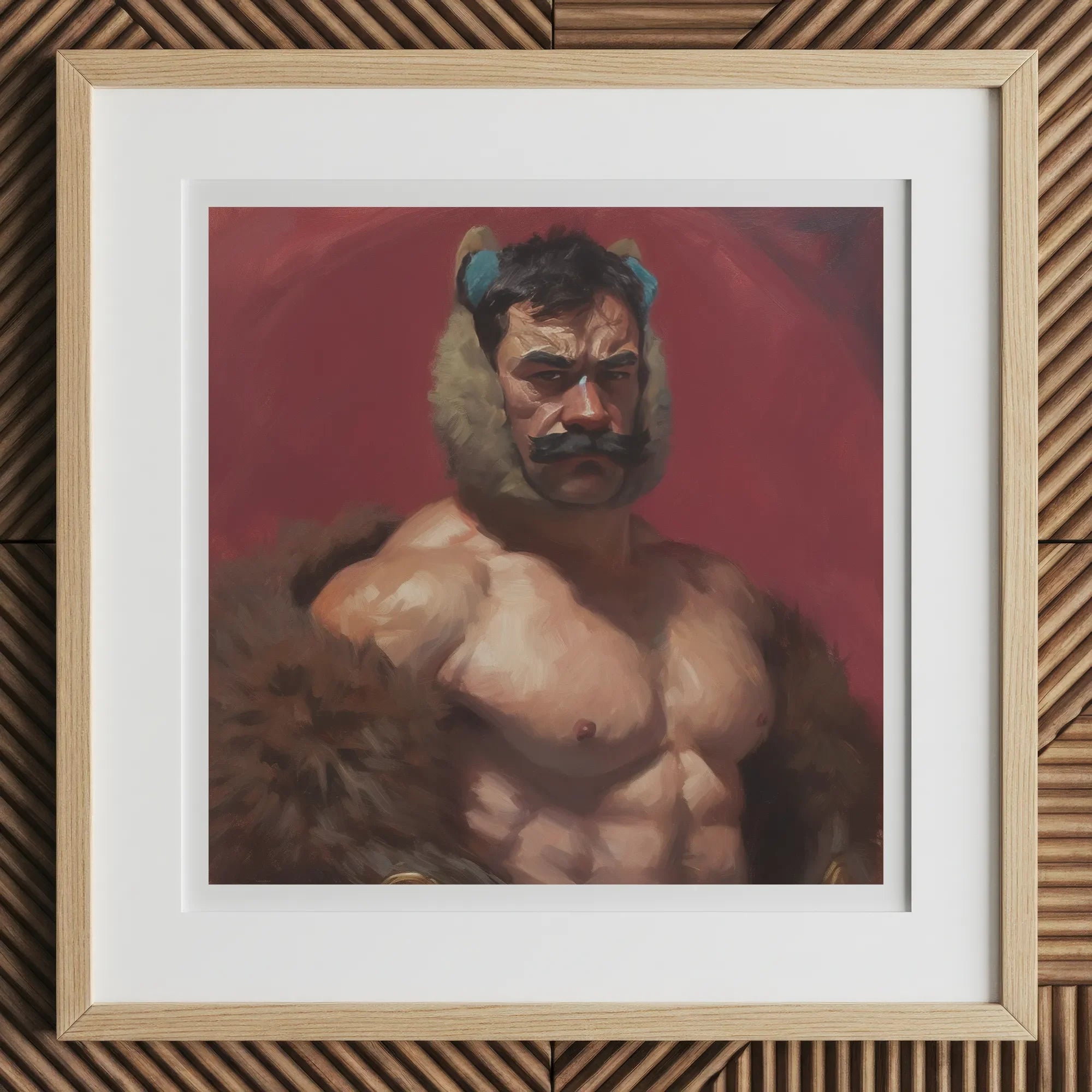 Zaddy Bear - Gay Muscle Daddy Art Print, 12x12’’ / 31x31cm / Natural Frame / 2’’ Matboard, Framed Painting Muscular Man Mustache Fur Collar