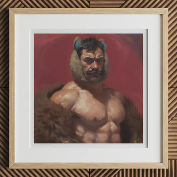Zaddy Bear - Gay Muscle Daddy Art Print, 12x12’’ / 31x31cm / Natural Frame / 2’’ Matboard, Framed Painting Muscular Man Mustache Fur Collar